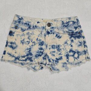 Mudd Girls Tie-Dye Denim Shorts – Adjustable Waist Raw Hem Blue & White | Sz 8